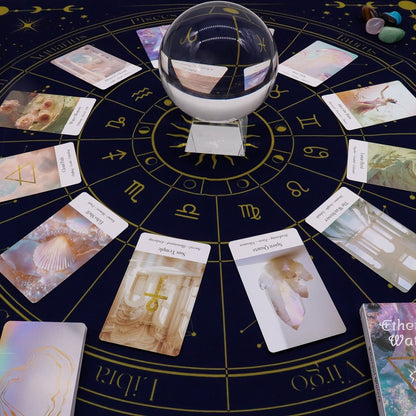 Tapete para lectura del Tarot del Zodiaco de Mystical Tienda, con símbolos zodiacales y diseño detallado en colores vibrantes.