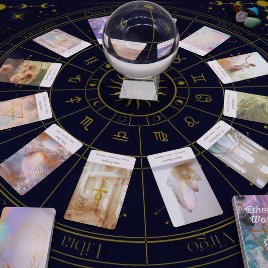 Tapete para lectura del Tarot del Zodiaco de Mystical Tienda, con símbolos zodiacales y diseño detallado en colores vibrantes.