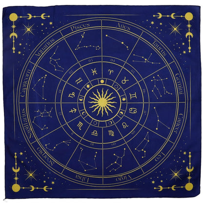 Tapete para lectura del Tarot del Zodiaco de Mystical Tienda, con símbolos astrológicos y diseño colorido para lecturas precisas.