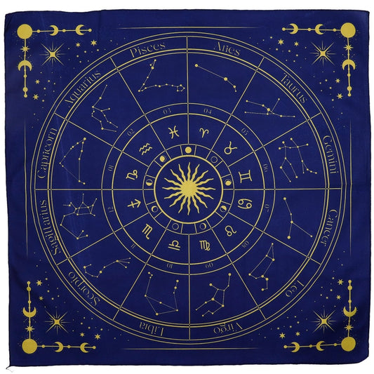 Tapete para lectura del Tarot del Zodiaco de Mystical Tienda, con símbolos astrológicos y diseño colorido para lecturas precisas.