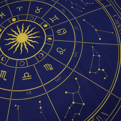 Tapete para lectura del Tarot del Zodiaco de Mystical Tienda, con símbolos astrológicos y diseño místico para lecturas.