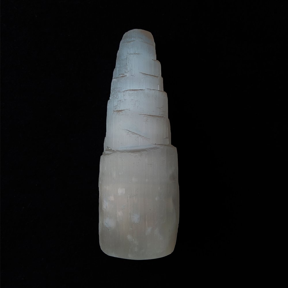Torre de Selenita de forma geométrica, pieza de cristal blanco y transparente, para decoración y bienestar espiritual.