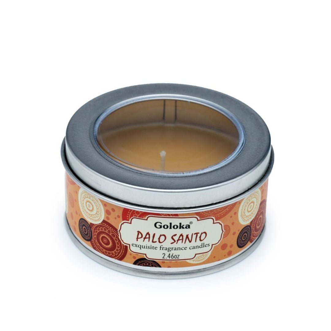 Vela de cera en lata Goloka con aroma a Palo Santo, ideal para aromaterapia y ambientes relajantes.