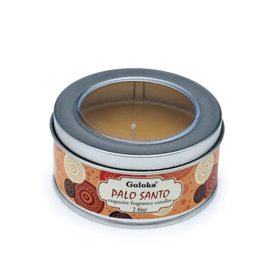 Vela de cera en lata Goloka con aroma a Palo Santo, ideal para aromaterapia y ambientes relajantes.