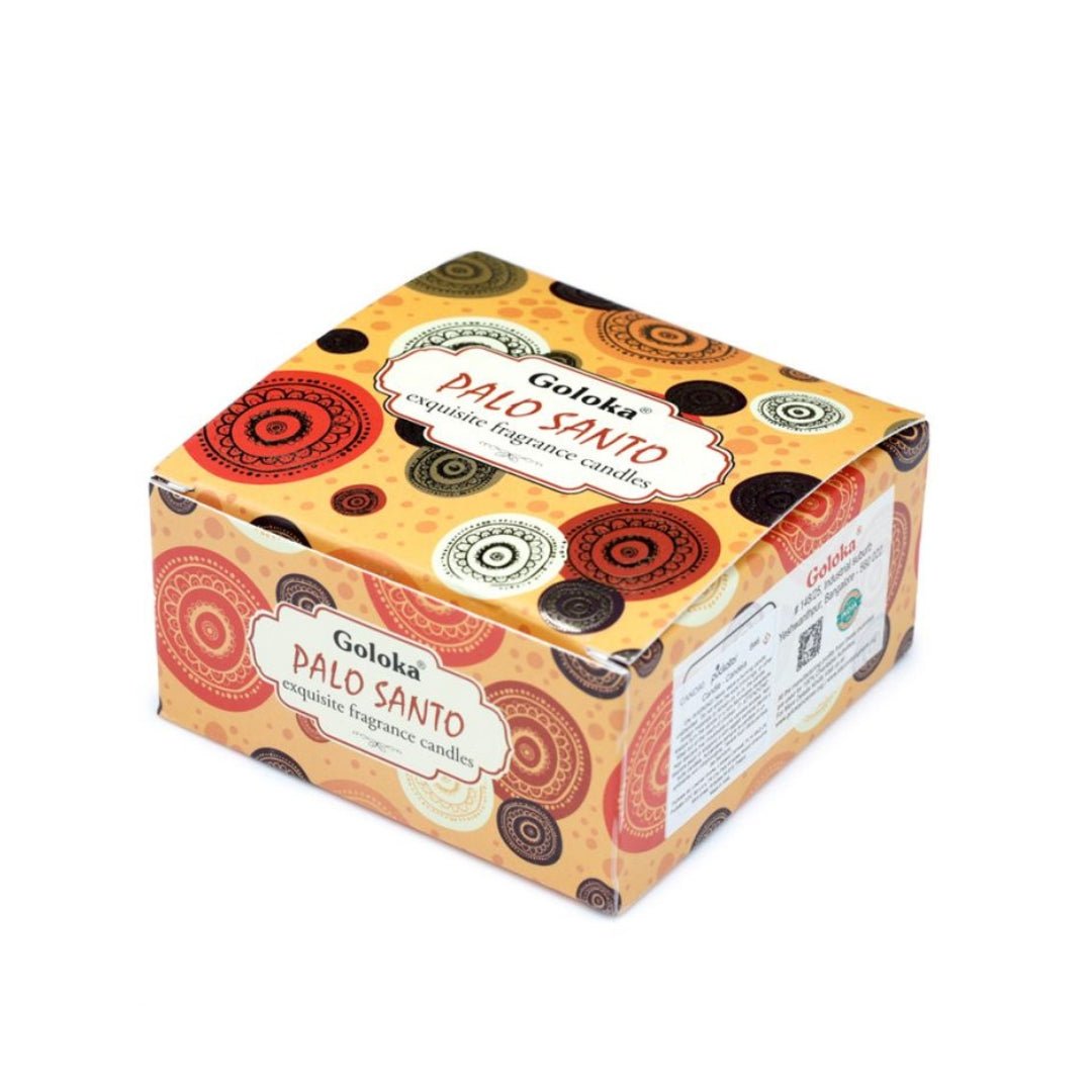 Vela de cera en lata Goloka con aroma a Palo Santo, vela aromática de estilo relajante y natural.