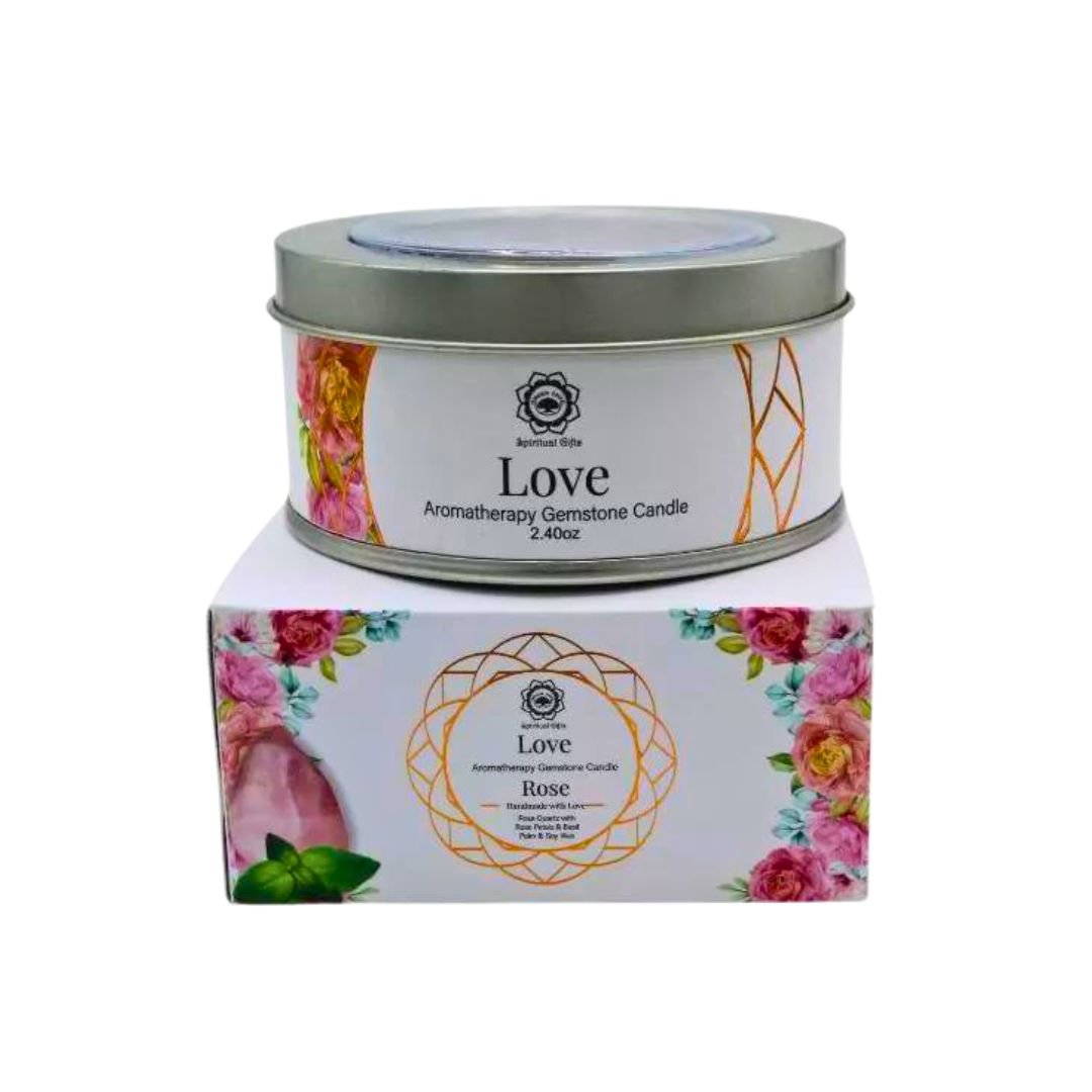Vela 'Green Tree' de amor y cuarzo rosa, con diseño de árbol verde, ideal para ambientes relajantes y espirituales.