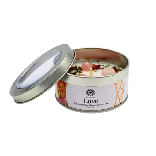 Vela 'Green Tree' de amor y cuarzo rosa de Mystical Tienda, con diseño de árbol verde y cristales rosados.