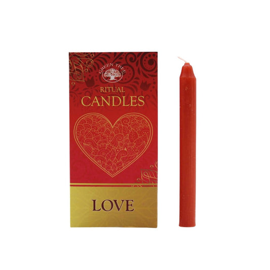 Vela verde con diseño de árbol y la palabra "Amor" en cera de la marca Mystical Tienda, perfecta para ambientar espacios.