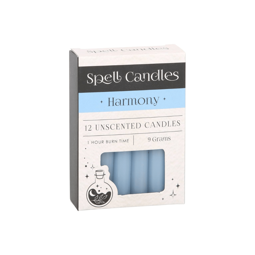 Vela Spell Candle Armonía de Mystical Tienda con diseño decorativo y colores suaves, ideal para rituales de armonía y relajación.