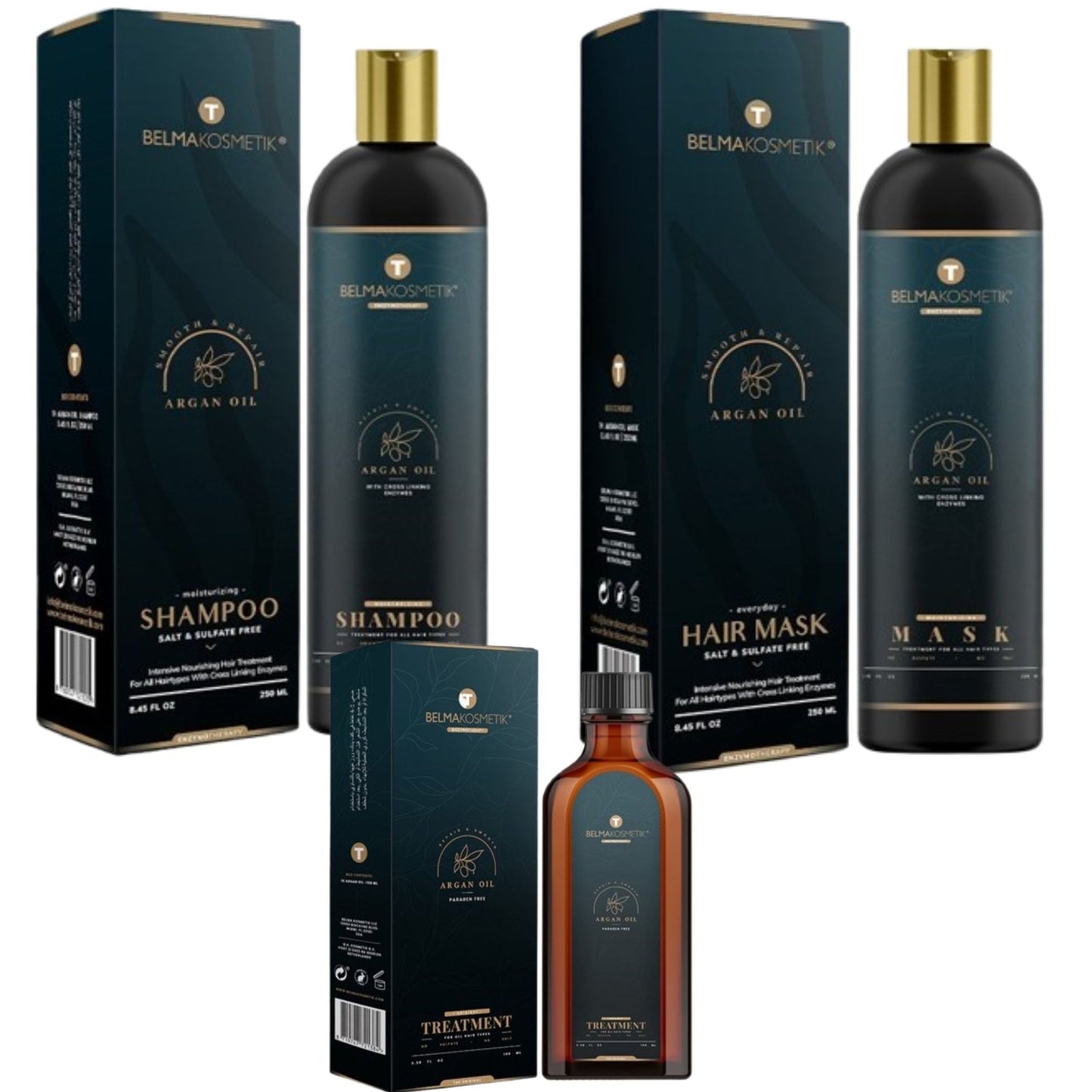 Kit de mantenimiento capilar XARODIST Belma Kosmetik con 3 productos de argán para todo tipo de cabello, tratamiento multifuncional.