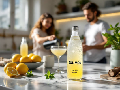 Zumo de limón exprimido 100% natural en botella de Solimon, jugo fresco y puro, ideal para bebidas y recetas.
