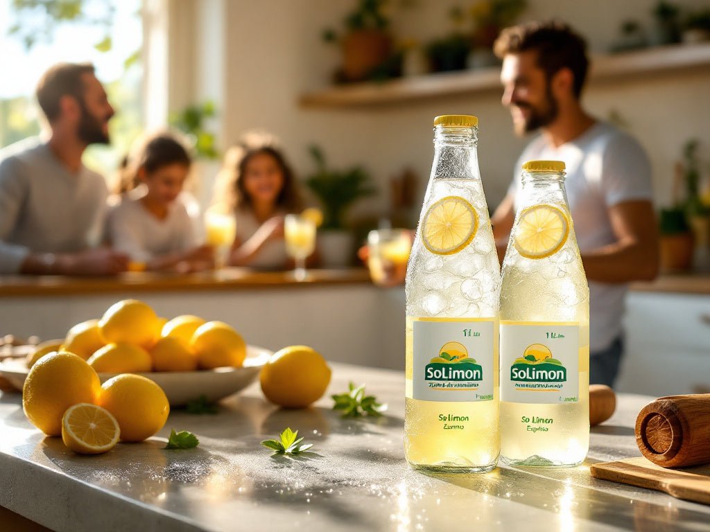 Zumo de limón exprimido 100% natural de la marca Solimon en botella de 1 litro, con color amarillo brillante y etiqueta visible.